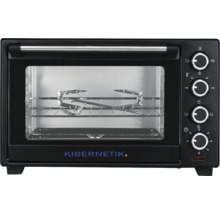 Mini-four Kibernetik noir avec porte en verre, tournebroche, grille et quatre boutons de réglage.