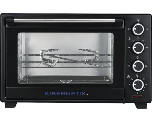 Mini-four Kibernetik noir avec porte en verre, tournebroche, grille et quatre boutons de réglage.