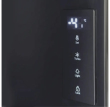 Digitales Bedienfeld eines Küchengeräts mit Temperaturanzeige minus 4 Grad Celsius und Touch-Tasten für Set, Turbo, Light und Lock.
