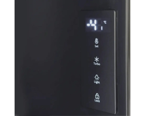 Digitales Bedienfeld eines Küchengeräts mit Temperaturanzeige minus 4 Grad Celsius und Touch-Tasten für Set, Turbo, Light und Lock.