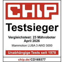 CHIP Testsieger Siegel für Mammotion LUBA 3 AWD 3000 Mähroboter, Vergleichstest von 23 Mährobotern im April 2026.