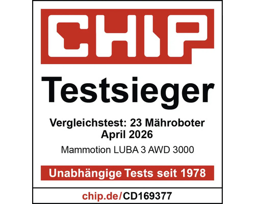 CHIP Testsieger Siegel für Mammotion LUBA 3 AWD 3000 Mähroboter, Vergleichstest von 23 Mährobotern im April 2026.