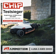 Mammotion LUBA 3 AWD 3000 Mähroboter auf Hanglage mit CHIP Testsieger Siegel.