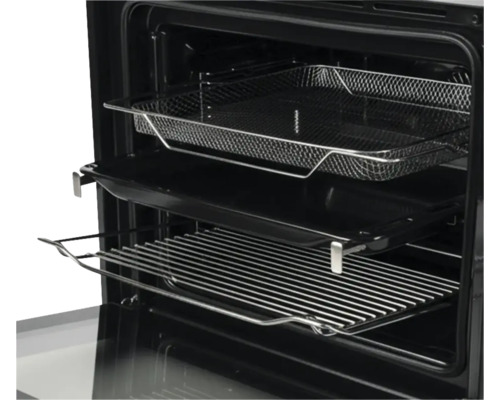 Intérieur de four avec panier à friture à air chaud, plaque de cuisson et grille sur rails télescopiques.