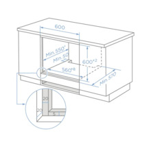 Dessin technique d'un meuble bas de cuisine pour fours avec les dimensions d'installation et les distances minimales en millimètres.
