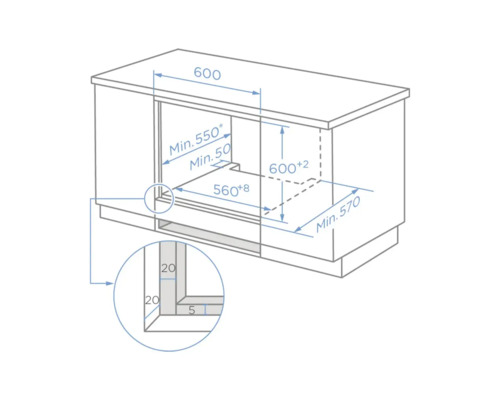 Dessin technique d'un meuble bas de cuisine pour fours avec les dimensions d'installation et les distances minimales en millimètres.