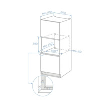 Schéma technique pour l'installation d'un four dans un meuble haut avec les dimensions de la niche et les distances minimales en millimètres.