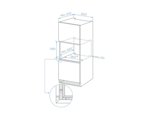 Schéma technique pour l'installation d'un four dans un meuble haut avec les dimensions de la niche et les distances minimales en millimètres.