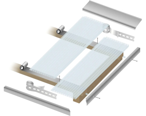 Vue éclatée du montage de plaques ondulées sur une sous-structure en bois avec des profilés en aluminium, une bande d'étanchéité et des vis.