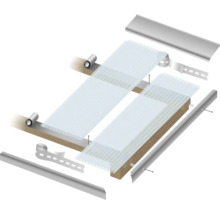 Vue éclatée du montage de plaques ondulées sur une sous-structure en bois avec des profilés en aluminium, une bande d'étanchéité et des vis.