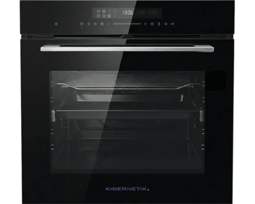 Four encastrable noir Kibernetik avec façade en verre, panneau de commande tactile et affichage numérique.