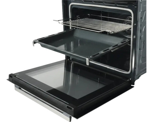 Four encastrable ouvert avec plaque de cuisson et grille sur rails télescopiques.