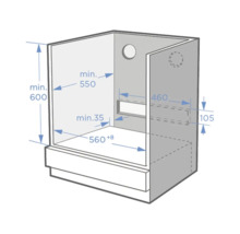Schéma technique avec les dimensions d'encastrement d'un meuble de cuisine en millimètres pour la hauteur, la largeur et la profondeur.
