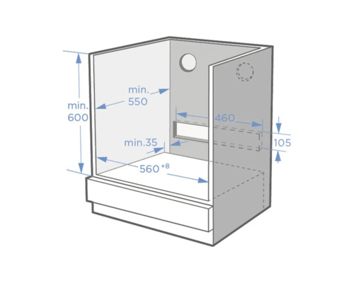 Schéma technique avec les dimensions d'encastrement d'un meuble de cuisine en millimètres pour la hauteur, la largeur et la profondeur.