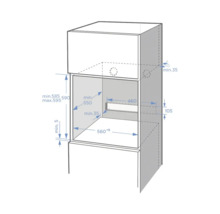 Dessin technique indiquant les dimensions d'encastrement d'un appareil dans un meuble de cuisine, avec hauteur, largeur et profondeur en millimètres.