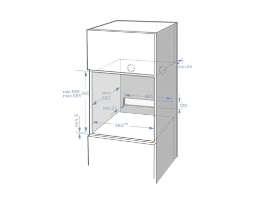 Dessin technique indiquant les dimensions d'encastrement d'un appareil dans un meuble de cuisine, avec hauteur, largeur et profondeur en millimètres.