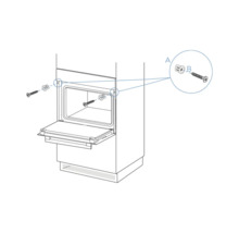 Schéma technique montrant l'installation d'un meuble ou d'un appareil avec des vis et des bagues, avec une vue détaillée.