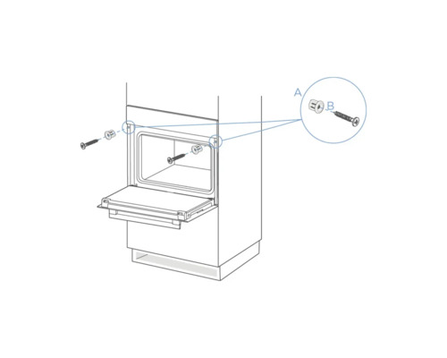 Schéma technique montrant l'installation d'un meuble ou d'un appareil avec des vis et des bagues, avec une vue détaillée.