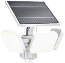 Weisser solarbetriebener LED-Fluter mit drei verstellbaren Leuchtköpfen und integriertem Solarpanel für den Aussenbereich.