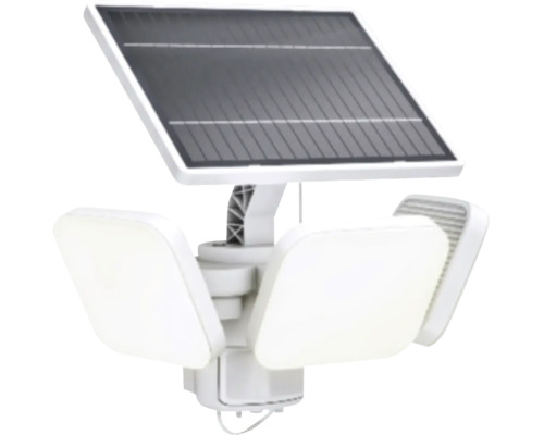 Weisser solarbetriebener LED-Fluter mit drei verstellbaren Leuchtköpfen und integriertem Solarpanel für den Aussenbereich.