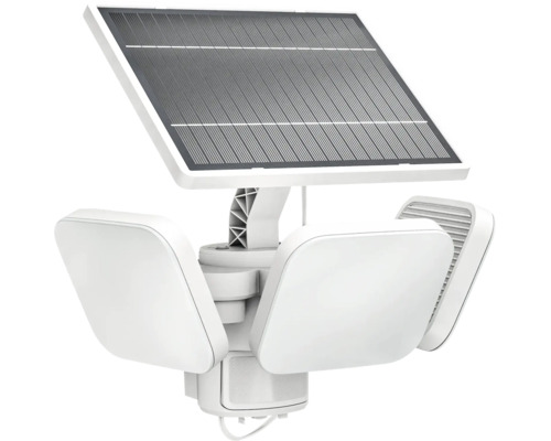 Solar-LED-Außenstrahler mit drei verstellbaren Köpfen, integriertem Solarmodul und Bewegungsmelder aus Kunststoff.