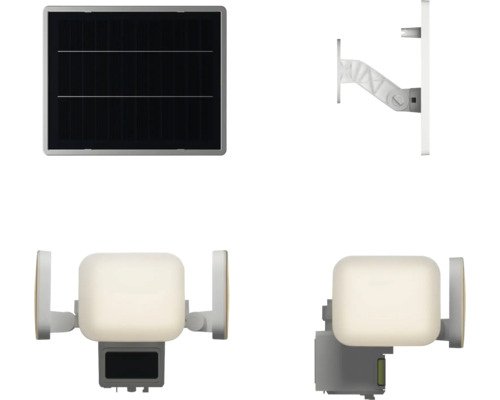 Solar-LED-Aussenstrahler Set mit Bewegungsmelder, separatem Solarpanel und Wandhalterung.