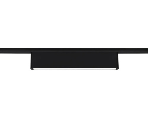 Schwarzer Verbinder für Schienensysteme aus Metall.