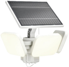 Weißer Solar-Außenstrahler mit drei schwenkbaren Lichtpanels und einem Solarmodul.