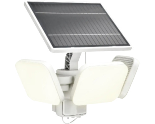 Weißer Solar-Außenstrahler mit drei schwenkbaren Lichtpanels und einem Solarmodul.