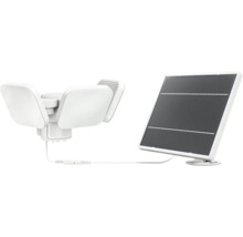 Solar-LED-Außenstrahler mit drei verstellbaren Leuchtenköpfen, Bewegungsmelder und separatem Solarpanel.