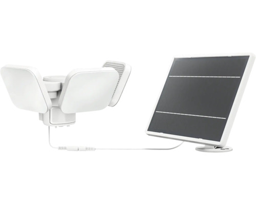 Solar-LED-Außenstrahler mit drei verstellbaren Leuchtenköpfen, Bewegungsmelder und separatem Solarpanel.