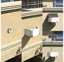 Solar-LED-Aussenstrahler mit Bewegungsmelder in verschiedenen Montagepositionen an einer hellen Hauswand.