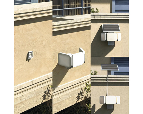 Solar-LED-Aussenstrahler mit Bewegungsmelder in verschiedenen Montagepositionen an einer hellen Hauswand.