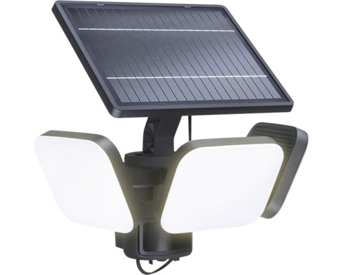 Solar-LED-Außenstrahler mit drei verstellbaren Lichtköpfen und integriertem Solarpanel.