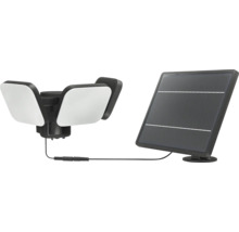 Solar-LED-Aussenstrahler mit drei verstellbaren Köpfen, Bewegungsmelder und separatem Solarpanel.