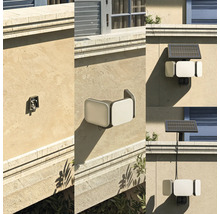 Solar LED Aussenstrahler mit Bewegungsmelder und verstellbaren Lichtmodulen, Montagebeispiele mit integriertem oder separatem Solarpanel.
