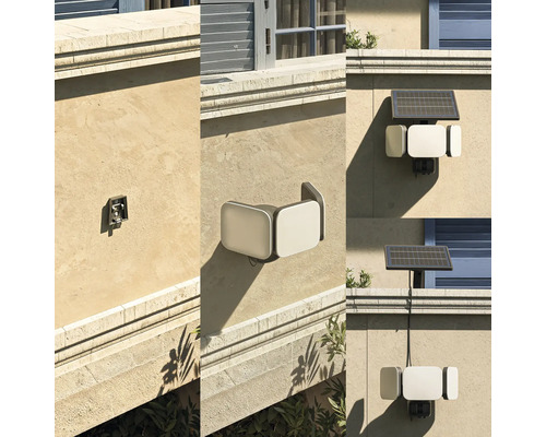 Solar LED Aussenstrahler mit Bewegungsmelder und verstellbaren Lichtmodulen, Montagebeispiele mit integriertem oder separatem Solarpanel.