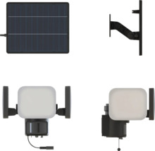 Solar-LED-Aussenstrahler-Set mit separatem Solarpanel, Wandhalterung und dreiteiligem LED-Fluter inklusive Bewegungsmelder.