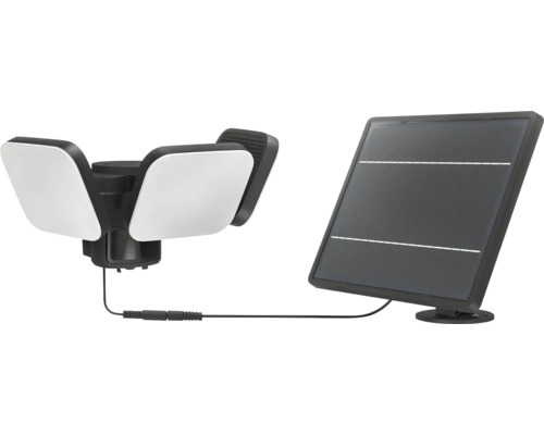 Solar-LED-Aussenstrahler mit drei verstellbaren Köpfen, Bewegungsmelder und separatem Solarpanel.
