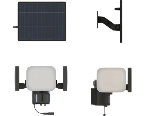 Solar-LED-Aussenstrahler-Set mit separatem Solarpanel, Wandhalterung und dreiteiligem LED-Fluter inklusive Bewegungsmelder.