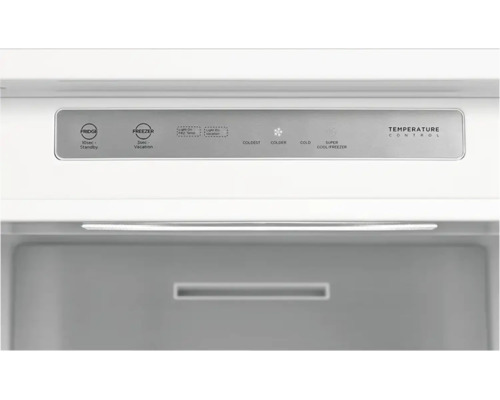 Bedienfeld für Kühlschrank und Gefrierfach mit Temperaturregelung, Ferienmodus und Super-Cool-Funktion.