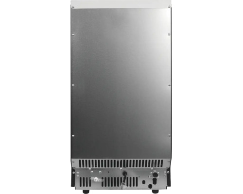 Rückansicht eines Elektrogeräts mit Metallrückwand, Lüftungsschlitzen unten und Stromanschluss.