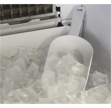 Weiße Eisschaufel aus Kunststoff in einem Eiswürfelbereiter, gefüllt mit Eiswürfeln.