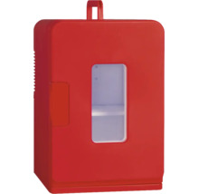 Roter Mini-Kühlschrank mit Tragegriff und Sichtfenster.