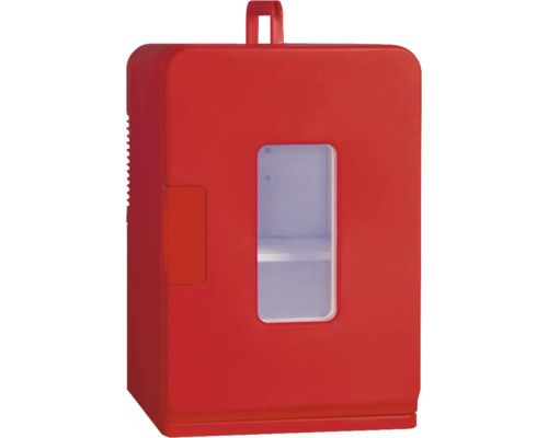 Roter Mini-Kühlschrank mit Tragegriff und Sichtfenster.