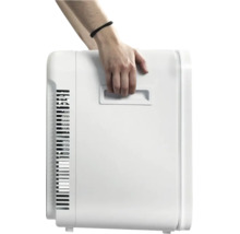 Hand trägt eine weiße tragbare Kühlbox am integrierten Griff.