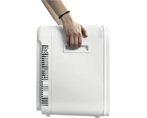 Hand trägt eine weiße tragbare Kühlbox am integrierten Griff.