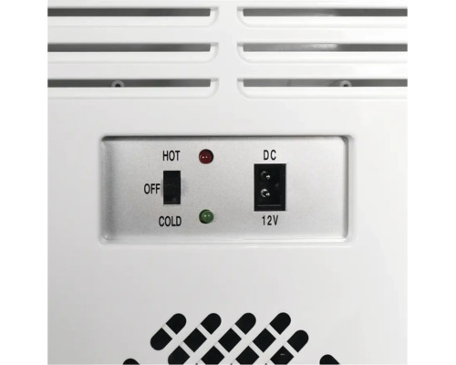 Bedienfeld einer Kühlbox mit 12 Volt Anschluss, Schalter für Heiz- und Kühlfunktion sowie Kontrollleuchten.