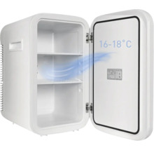 Geöffneter Mini-Kühlschrank mit zwei Einlegeböden, einer Temperaturanzeige von 16 bis 18 Grad Celsius und einer Illustration des Luftstroms.