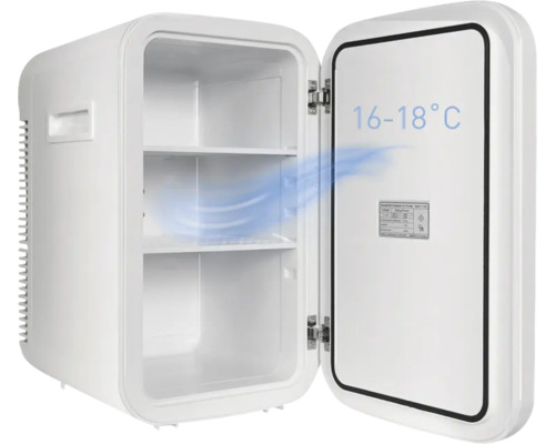 Geöffneter Mini-Kühlschrank mit zwei Einlegeböden, einer Temperaturanzeige von 16 bis 18 Grad Celsius und einer Illustration des Luftstroms.